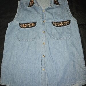 Topman Blue Denim Sleeveless Top with Leopard Accents